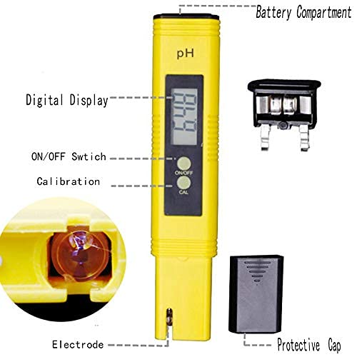 Pantalla Digital de Mano PH Tester, Calidad del Agua Medidor de Prueba con Rango de Medición de pH de 0-14 PH Medidor de Digital Portátil de Alta Precisión para Acuarios, piscinas, Auto Calibración