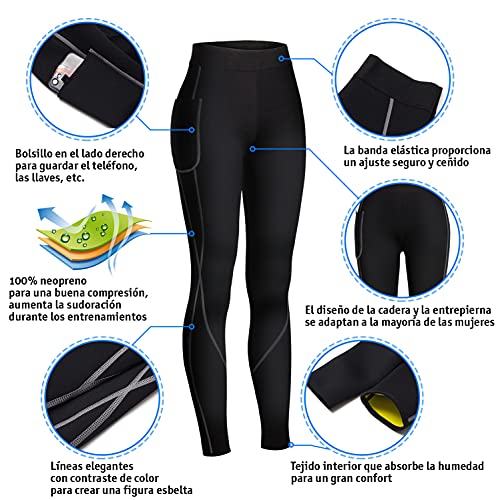 Pantalon Sauna 100% NEOPRENO, Leggins Reductores Adelgazantes, Leggins Anticeluliticos Cintura Alta, Mallas Fitness Push Up consigue una Sudoración efectiva en Deporte Fitness NEGRO (S)