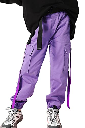 Pantalones Cargo para niños,Pantalones de chándal de Baile Hip Hop Callejero para niño y niña(Morado,11-12 años/160)