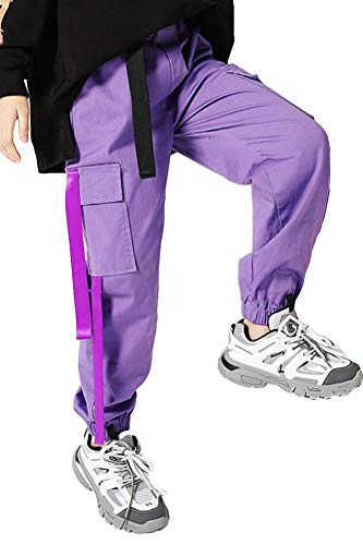 Pantalones Cargo para niños,Pantalones de chándal de Baile Hip Hop Callejero para niño y niña(Morado,11-12 años/160)