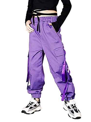 Pantalones Cargo para niños,Pantalones de chándal de Baile Hip Hop Callejero para niño y niña(Morado,11-12 años/160)