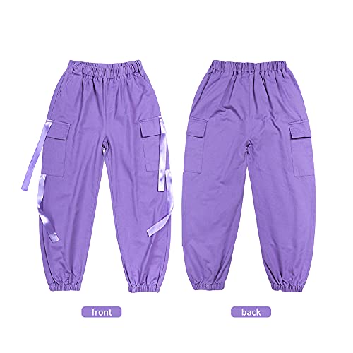 Pantalones Cargo para niños,Pantalones de chándal de Baile Hip Hop Callejero para niño y niña(Morado,11-12 años/160)