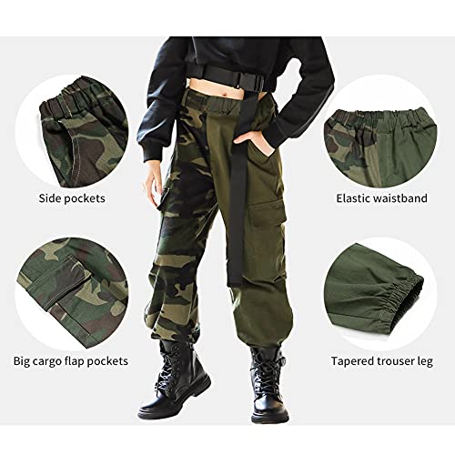 Pantalones Cargo para niños,Pantalones de Chándal de Baile Hip Hop Callejero para niño y niña(Verde Camuflaje,11-12 años/160)