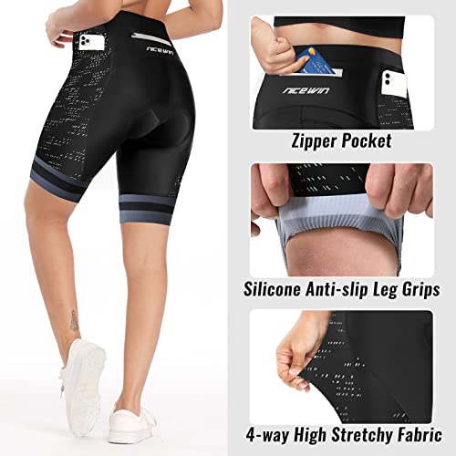 Pantalones cortos de ciclismo para mujer, 4D Gel Pading Ciclismo, Spinning Biker, con bolsillos, cintura ancha, Negro reflectante., S