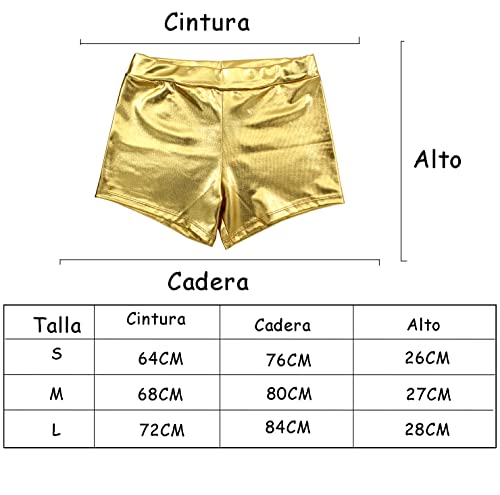 Pantalones Cortos Metálicos Brillante para Mujer, Culotte Sexy Mujer para Disfraces Baile Discoteca y Fiestas (M, Dorada)