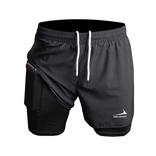 Pantalones Cortos para Correr para Hombre, Pantalones Cortos 2 en 1, Pantalones Cortos Deportivos para Gimnasio, Pantalones de Entrenamiento para Entrenamiento de maratón al Aire Libre Negro 2XL