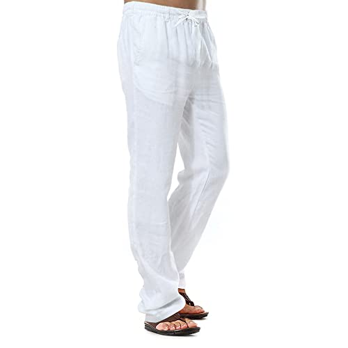 Pantalones de lino para hombre, pantalones casuales de algodón, pantalones de playa de verano, pantalones ligeros con cordón, blanco, M