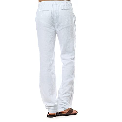 Pantalones de lino para hombre, pantalones casuales de algodón, pantalones de playa de verano, pantalones ligeros con cordón, blanco, M