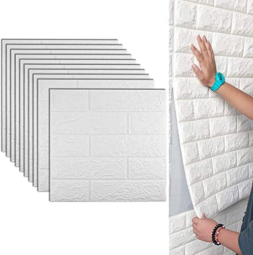 Papel Pintado 3D Ladrillo,10 Piezas PE de Espuma 3D Wallpaper, Autoadhesivo Grueso Impermeable DIY Pegatina de Pared Espuma 3D,para Salón Dormitorio Fondo de Pared Decoración Arte (35*38.5cm,Blanco)