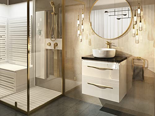 paplinskimoebel Mueble de baño Girona 80,5 x 40 x 55,1 cm con dos cajones, armario colgante de cuerpo brillante, color negro + blanco + dorado, mueble de baño estilo glamour