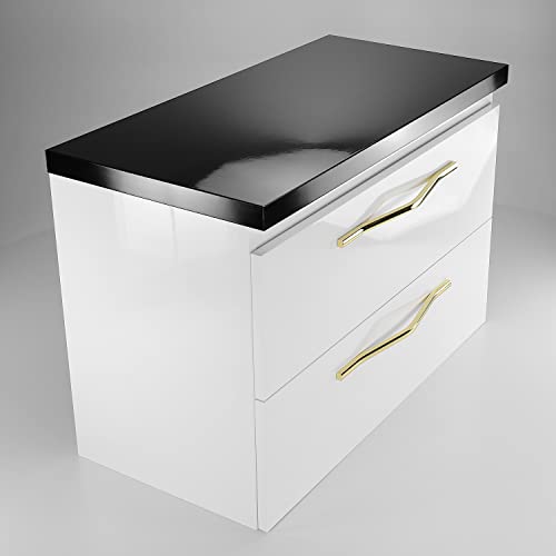 paplinskimoebel Mueble de baño Girona 80,5 x 40 x 55,1 cm con dos cajones, armario colgante de cuerpo brillante, color negro + blanco + dorado, mueble de baño estilo glamour