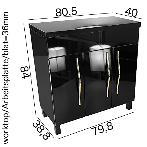 paplinskimoebel Vitoria - Mueble de baño (80 x 38,8 x 80,4 cm, acabado brillante negro sobre patas + asas de metal doradas, mueble de baño de pie, estilo glamuroso)