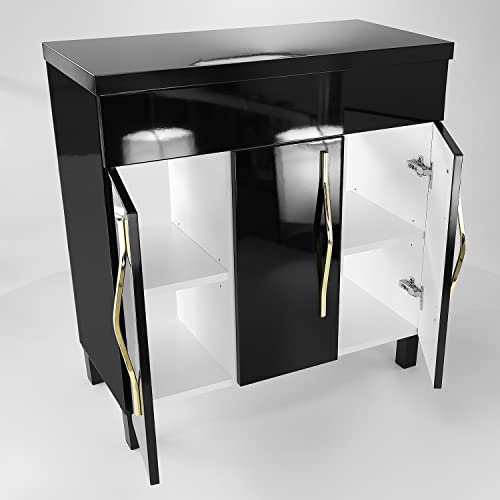 paplinskimoebel Vitoria - Mueble de baño (80 x 38,8 x 80,4 cm, acabado brillante negro sobre patas + asas de metal doradas, mueble de baño de pie, estilo glamuroso)