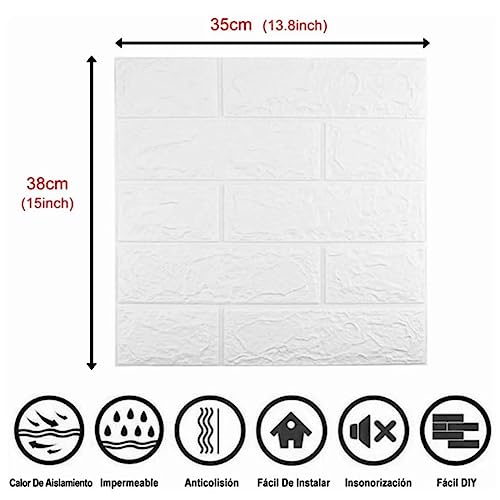 Paquete de 10 Paneles de Pared de Ladrillo, Papel Tapiz de Ladrillo 3D 35x38cm, Paneles Decorativos Para Pared, Panel de Pared de Ladrillo Falso Autoadhesivo para Sala de Estar (10 Unidades, Blanco)