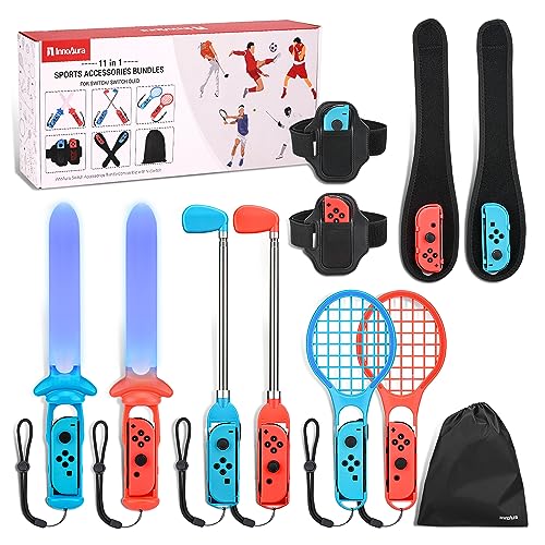 Paquete de 11 accesorios Switch Sports,accesorios para juegos Sports innoAura para Switch con raquetas de tenis, palos de golf, espadas, correa de muñeca, correa para la pierna para Switch/Switch OLED