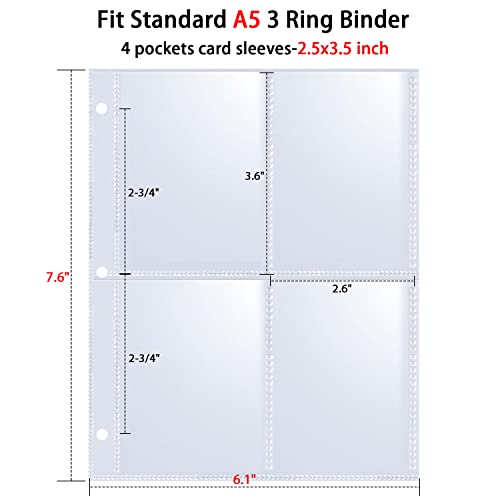 Paquete de 50 Fundas de 400 Bolsillos Para Cartas Coleccionables de 64x89 mm, Protector de Páginas de Doble Cara y 4 Bolsillos (2,5x3,5"), Hojas Ultra Transparentes Para Carpetas de 3 Anillas A5 Mini