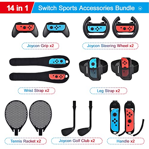 Paquete de Accesorios Switch Sports 14 en 1, Paquete innoAura Switch Sports con Volante Switch, Agarre Joycon, Raqueta Tenis, Palo Glof,Correa muñeca, Correa Pierna Compatible con Switch/Switch OLED