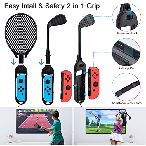 Paquete de Accesorios Switch Sports 14 en 1, Paquete innoAura Switch Sports con Volante Switch, Agarre Joycon, Raqueta Tenis, Palo Glof,Correa muñeca, Correa Pierna Compatible con Switch/Switch OLED