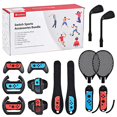 Paquete de Accesorios Switch Sports 14 en 1, Paquete innoAura Switch Sports con Volante Switch, Agarre Joycon, Raqueta Tenis, Palo Glof,Correa muñeca, Correa Pierna Compatible con Switch/Switch OLED