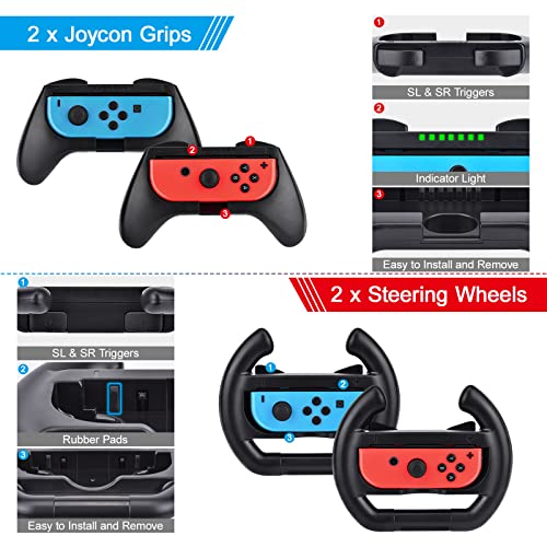 Paquete de Accesorios Switch Sports 14 en 1, Paquete innoAura Switch Sports con Volante Switch, Agarre Joycon, Raqueta Tenis, Palo Glof,Correa muñeca, Correa Pierna Compatible con Switch/Switch OLED