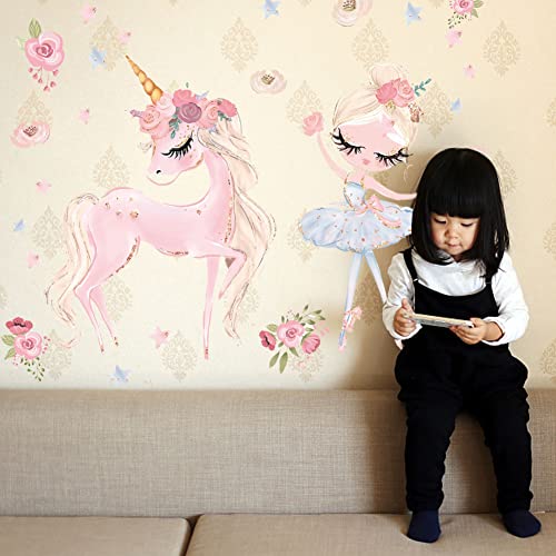 Paquete pegatinas de pared de bailarina rosa Unicornio pegatinas de pared para niñas y Jardín pegatinas decorativas para pared habitación de niñas habitación baby sala de estar de jardín de infantes