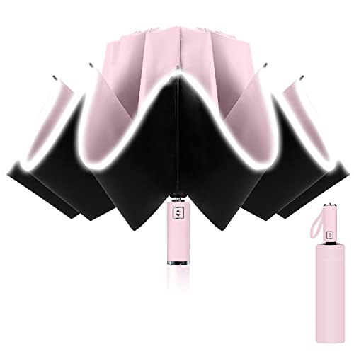 Paraguas Plegable Automático, Paraguas Invertido, Paraguas Plegable Antiviento 10 Varillas para Hombre Mujer, Diámetro 105cm (Rosa)