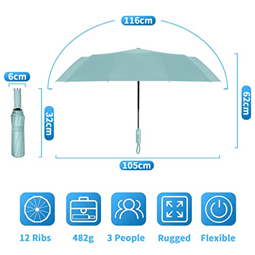 Paraguas Plegable Automático, Paraguas Plegable Antiviento, Paraguas Grande 12 Varillas para Hombres Mujer, Diámetro 105cm (Verde Menta)