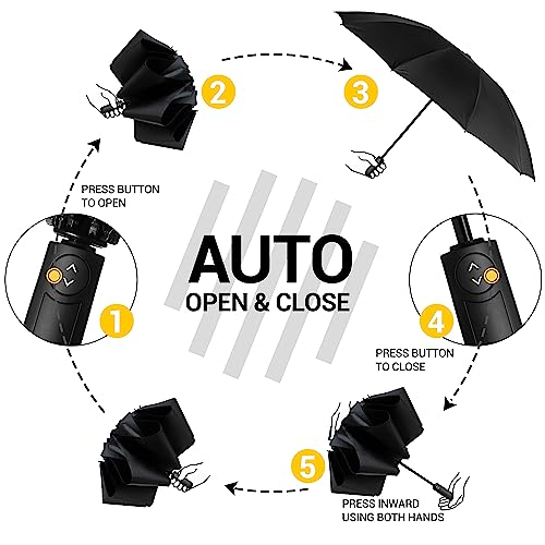 Paraguas Plegable Compacto – Paraguas invertido Automático Negro a Prueba de Viento para Hombres, Revestimiento de Teflón 210T Abarca 105cm Paraguas Grande de 10 Varillas Regalos Originales