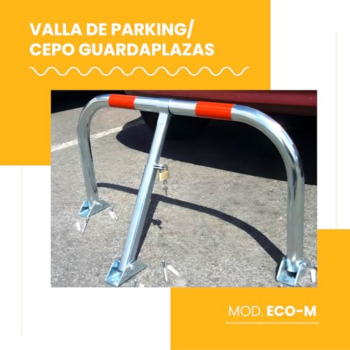 PARKING FACIL | Valla de Parking/Cepo Guardaplazas Modelo Eco-M | Bloqueo Manual con Candado con Bandas Reflectantes | Incluye Candado y Tornillos | Medida Aproximada: 65 x 46 x 34 cm | 1 Ud