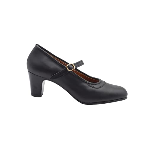 PASARELA - Zapatos de Baile Flamenco de Piel Negros con Clavos y Cierre de Hebilla para Mujer Cuero Mujer Color: Negro Talla: 40