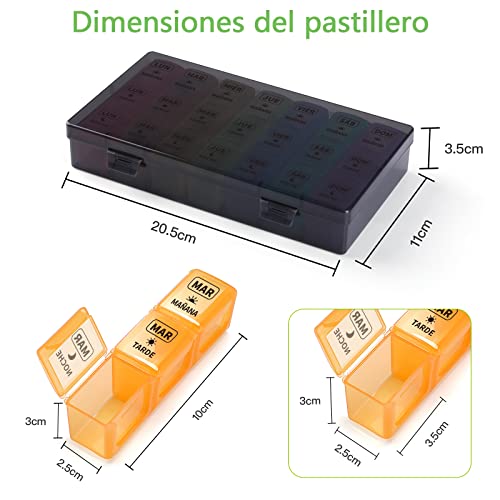 Pastillero Semanal 3 Tomas Español, Opret Pastillero Diario Grande 7 Dias, Dosificador de Comprimidos con 21 Compartimentos, Organizador de Pastillas para Viaje