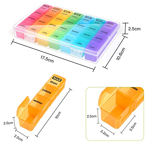 Pastillero Semanal 4 tomas Español, Opret Pastillero Diario con 28 Compartimentos, Organizador Pastillas y Dispensador Comprimidos para Viaje