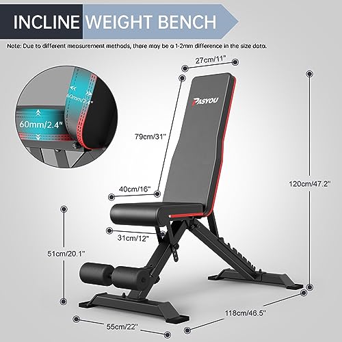 PASYOU Banco de pesas plegable con posiciones ajustables de 9 x 4 x 3 cm, multi banco inclinado como abdominal y espalda para el hogar, carga máxima de 318 kg