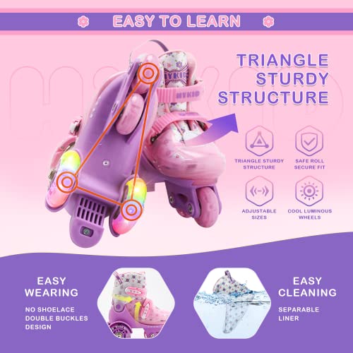 Patines 4 Ruedas Niña,4 Tallas Ajustables,Construcción de 3 Puntos Estable y Segura,Equilibrados y Transpirables,Patines para Principiantes,con Ruedas Luminosas
