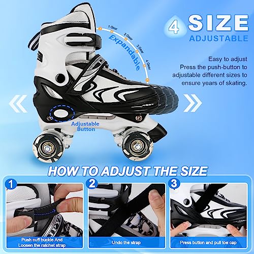 Patines Ajustables para Niños Niñas Principiantes, Patines de 4 Tamaños para Niños Pequeños o Grandes con Ruedas Luminosas (Medium, Negro Blanco)