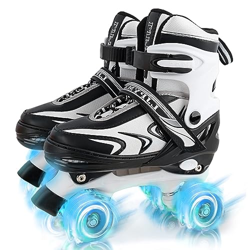 Patines Ajustables para Niños Niñas Principiantes, Patines de 4 Tamaños para Niños Pequeños o Grandes con Ruedas Luminosas (Medium, Negro Blanco)