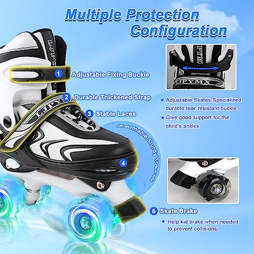 Patines Ajustables para Niños Niñas Principiantes, Patines de 4 Tamaños para Niños Pequeños o Grandes con Ruedas Luminosas (Medium, Negro Blanco)