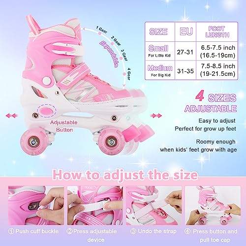 Patines de Niñas para Niños Principiantes, 4 Tamaños Ajustables Patines con Ruedas Luminosas para Niñas Pequeñas (Medium, Rosa)