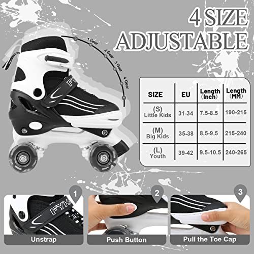 Patines de Ruedas para Niñas, Niños y Adolescentes, Patines Ajustables en 4 Tamaños con Ruedas Luminosas para Principiantes, Patines Deportivos Quad Blanco y Negro, Mediano