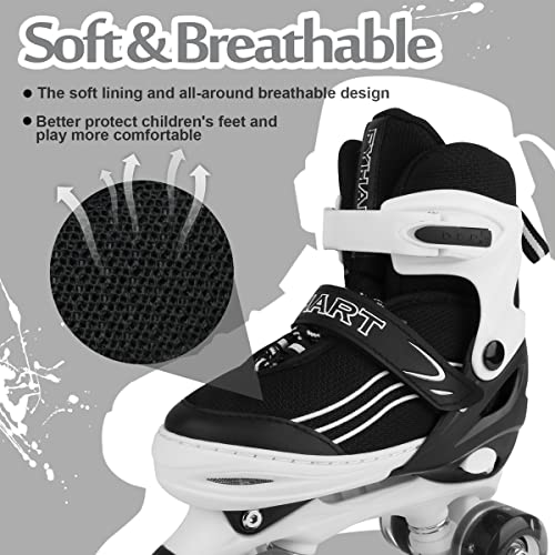 Patines de Ruedas para Niñas, Niños y Adolescentes, Patines Ajustables en 4 Tamaños con Ruedas Luminosas para Principiantes, Patines Deportivos Quad Blanco y Negro, Mediano