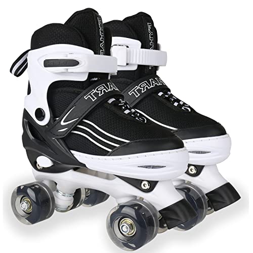 Patines de Ruedas para Niñas, Niños y Adolescentes, Patines Ajustables en 4 Tamaños con Ruedas Luminosas para Principiantes, Patines Deportivos Quad Blanco y Negro, Mediano