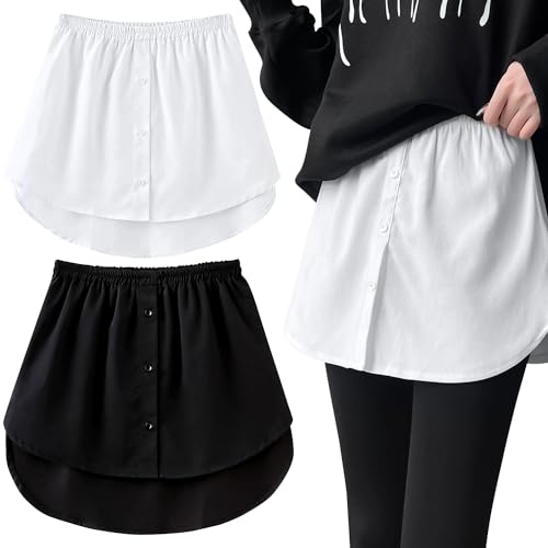 PATRICHOR 2PCS Falda Camisa Falsa Mujer Extensores, Ajustable Camisa Falda Bajo Capas Falsas, Negro + Blanco Extensores de Camisa Falsa Mujer de Barrido Inferior Media Longitud Top Falso Parte