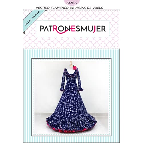 Patrón de costura vestido flamenca mujer de Nejas con vuelo para hacerlo tú misma. Tutorial en vídeo para ayudarte a realizarlo. Talla 36 a la 52. Patrón multitalla en papel.…