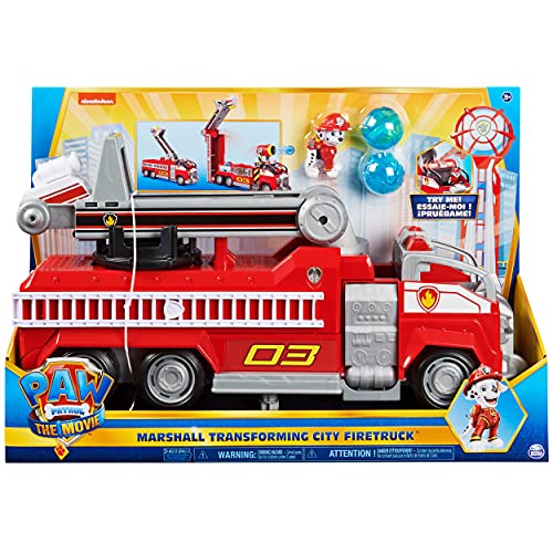 Paw Patrol 6060444 Camión de Bomberos Marshalls Transforming Movie City con Escalera Extensible, Luces y Sonidos y Figura de acción Coleccionable, Juguetes para niños a Partir de 3 años, Multicolor