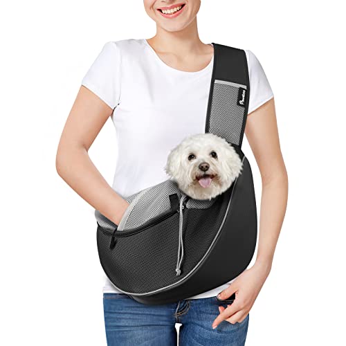 Pawaboo Mochilas Portaperros, Bolsa Portátil para Mascotas con Bolsillo Acariciador y Correa Ajustable, Bolsa de Mensajero Transpirable Cómoda con para Cachorros Gatitos para Viajar, L, Negro