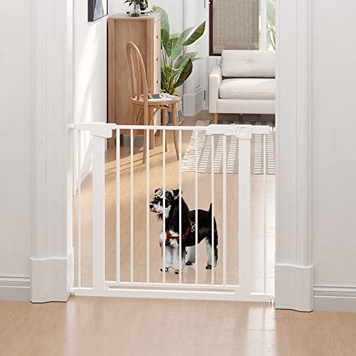 PawHut Barrera de Seguridad de Perros Extensible para Escaleras y Puertas 75-96 cm con 2 Extensiones de 7 cm Cierre Automático y Marco de Acero Altura 76 cm Blanco