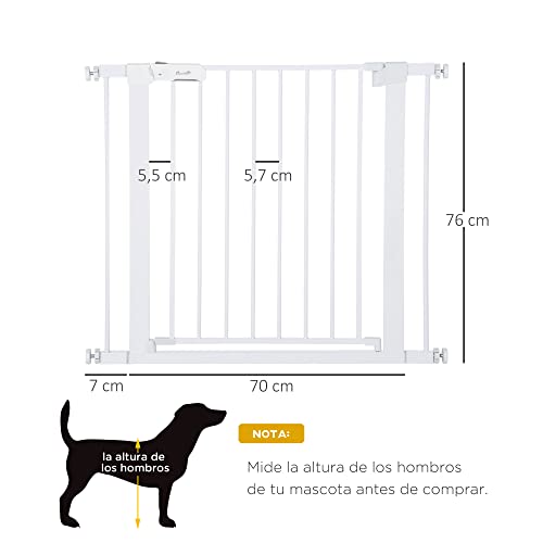 PawHut Barrera de Seguridad de Perros Extensible para Escaleras y Puertas 75-96 cm con 2 Extensiones de 7 cm Cierre Automático y Marco de Acero Altura 76 cm Blanco