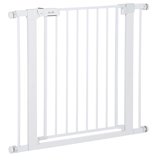 PawHut Barrera de Seguridad de Perros Extensible para Escaleras y Puertas 75-96 cm con 2 Extensiones de 7 cm Cierre Automático y Marco de Acero Altura 76 cm Blanco