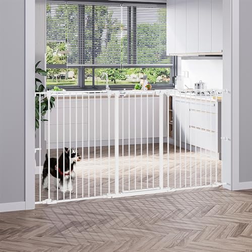 PawHut Barrera para Perros de Acero Valla para Mascotas Plegable de 3 Paneles con Doble Cerradura y Función de Bloqueo Auxiliar para Puerta Pasillo Escalera 206x90 cm Blanco