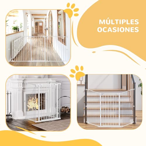 PawHut Barrera para Perros de Acero Valla para Mascotas Plegable de 3 Paneles con Doble Cerradura y Función de Bloqueo Auxiliar para Puerta Pasillo Escalera 206x90 cm Blanco